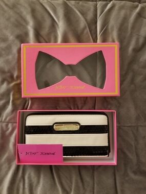 Betsey Johnson Black & White Striped Sequin Zip Wallet